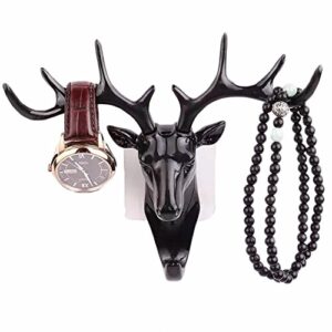 vintage deer head antlers wall hook (max:10kg) for hanging hat scarf bag key clothes bathroom kitchen towel holder hanger rack wall wedding gift (black)