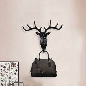 Vintage Deer Head Antlers Wall Hook (Max:10kg) for Hanging Hat Scarf Bag Key Clothes Bathroom Kitchen Towel Holder Hanger Rack Wall Wedding Gift (Black)