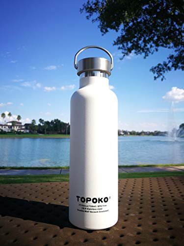 TOPOKO 25 oz Stainless Steel Vacuum Insulated Water Bottle, Keeps Drink Cold up to 24 Hours & Hot up to 12 Hours, Leak Proof and Sweat Proof. Large Capacity Sports Bottle Wide Mouth Metal Lid (White)