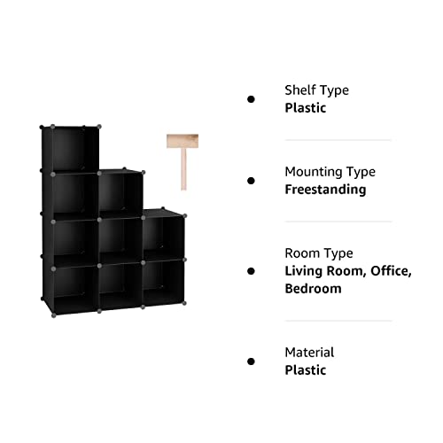 C&AHOME Cube Storage, 9-Cube Bookshelf, Plastic Closet Cabinet Organizer, DIY Stackable Bookcase, Modular Shelving Units Ideal for Home, Office, Kids Room, 36.6" L x 12.4" W x 48.4" H Black SHS3009A