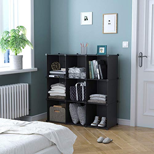 C&AHOME Cube Storage, 9-Cube Bookshelf, Plastic Closet Cabinet Organizer, DIY Stackable Bookcase, Modular Shelving Units Ideal for Home, Office, Kids Room, 36.6" L x 12.4" W x 48.4" H Black SHS3009A