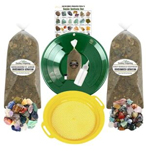 gold and gem mining kit | gold paydirt & gemstone paydirt | gold pans | classifying screen | snifter bottle | gem id chart | vial