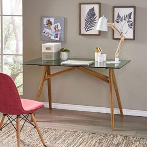 Christopher Knight Home Camila Mid-Century Tempered Glass Desk with Acacia Wood Frame, Dusk Grey / Natural Stained