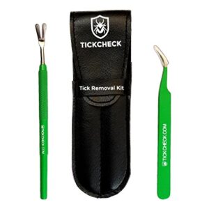 TickCheck Premium Tick Remover Kit - Stainless Steel Tick Remover + Tweezers, Leather Case, and Free Pocket Tick Identification Card (1 Set)