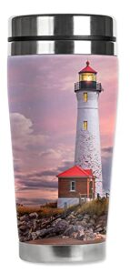 mugzie 20 ounce max stainless steel travel mug with wetsuit cover - made in usa - lighthouse of michigan