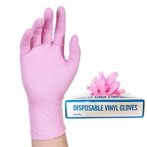 100 pack pink vinyl disposable gloves - latex free and power free food grade exam gloves for cleaning, food prep, kitchen use, large