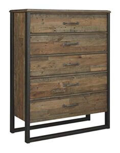 signature design by ashley sommerford industrial farmhouse 5 drawer chest with dovetail construction, butcher-block brown, black
