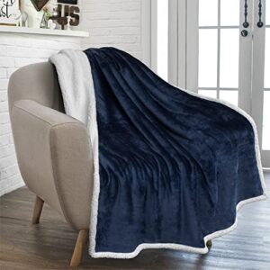 pavilia plush sherpa fleece throw blanket navy | soft, warm, fuzzy dark blue throw for couch sofa | solid reversible cozy microfiber fluffy blanket, 50x60