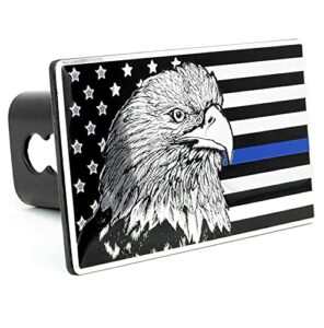everhitch usa flag eagle metal flag emblem on metal trailer hitch cover (fits 2" receiver, black & chrome flag with thin blue line)