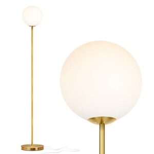 brightech luna led floor lamp, modern lamp for living rooms & offices, great living room décor, tall lamp with frosted glass globe, mid century standing lamp for bedroom reading - brass/gold