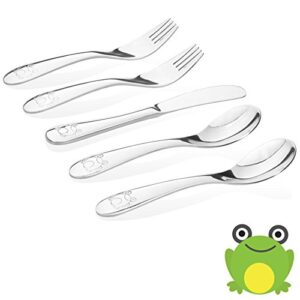 kiddobloom kids stainless steel utensil set, high grade stainless #304 (18/8), frog model, set of 5 (2 spoons, 2 forks, and 1 butter knife) safe flatware/silverware/cutlery for toddler and kids.