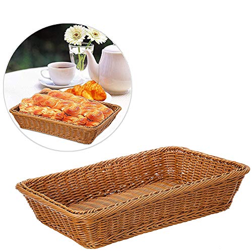 16" Poly-Wicker Bread Basket, Long Woven Tabletop Food Fruit Vegetables Serving Basket, Restaurant Serving, Honey Brown