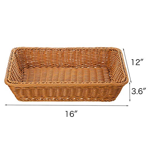 16" Poly-Wicker Bread Basket, Long Woven Tabletop Food Fruit Vegetables Serving Basket, Restaurant Serving, Honey Brown