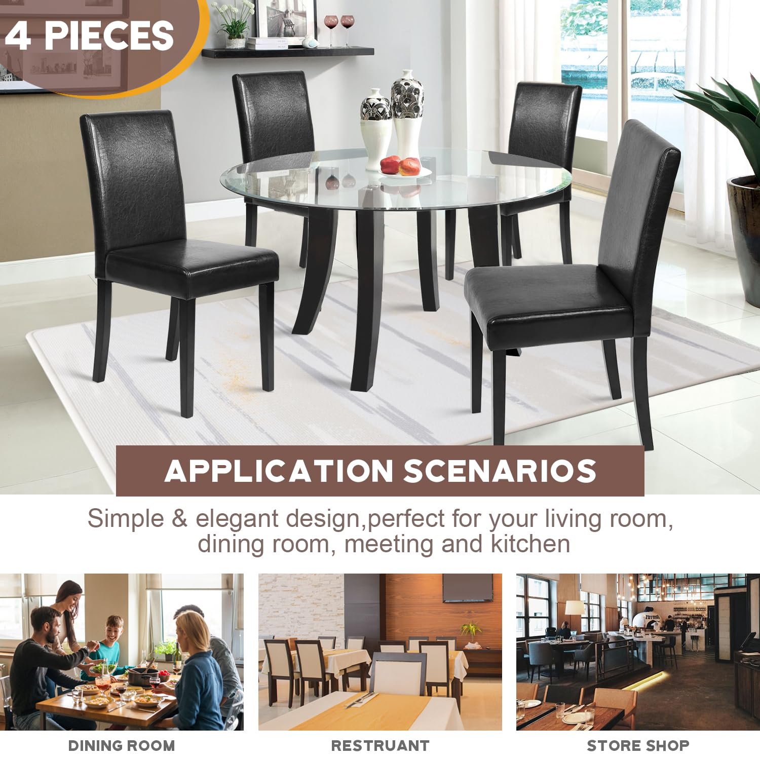 Dining Chairs Dining Room Chairs Parsons Set of 4 Dining Side Chairs for Home Kitchen Living Room, Leather Black