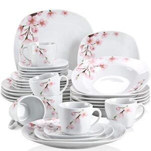 veweet, series annie, 30-piece porcelain dinnerware set with pink floral pattern, white plates and bowls sets including dinner plates, dessert plates, soup plates set, cups & saucers, dishes set for 6