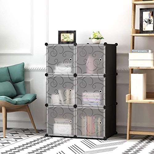 C&AHOME Cube Storage Organizer with Doors, 6-Cube Shelves, Closet Cabinet, DIY Plastic Modular Bookshelf Ideal for Bedroom, Living Room, 36.6”L x 12.4”W x 36.6”H Black SHS3006B-DOOR