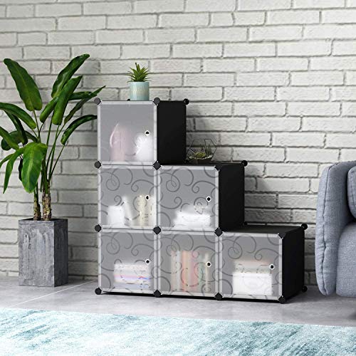 C&AHOME Cube Storage Organizer with Doors, 6-Cube Shelves, Closet Cabinet, DIY Plastic Modular Bookshelf Ideal for Bedroom, Living Room, 36.6”L x 12.4”W x 36.6”H Black SHS3006B-DOOR