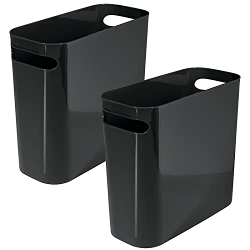 mDesign Plastic Small Trash Can, 1.5 Gallon/5.7-Liter Wastebasket, Narrow Garbage Bin with Handles for Bathroom, Laundry, Home Office - Holds Waste, Recycling, 10" High, Aura Collection, 2 Pack, Black