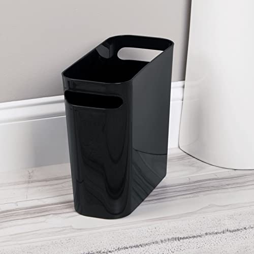 mDesign Plastic Small Trash Can, 1.5 Gallon/5.7-Liter Wastebasket, Narrow Garbage Bin with Handles for Bathroom, Laundry, Home Office - Holds Waste, Recycling, 10" High, Aura Collection, 2 Pack, Black