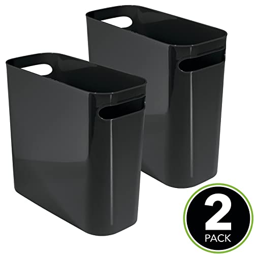 mDesign Plastic Small Trash Can, 1.5 Gallon/5.7-Liter Wastebasket, Narrow Garbage Bin with Handles for Bathroom, Laundry, Home Office - Holds Waste, Recycling, 10" High, Aura Collection, 2 Pack, Black