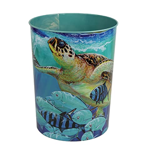 Rivers Edge Products Metal Waste Basket, 10.5-Inch Small Trash Can, Novelty Garbage Can for Office, Kitchen, Bathroom, or Bedroom, Nature and Coastal Home Decor, Guy Harvey Sea Turtle