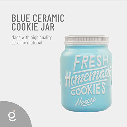 Blue Ceramic Mason Jar Cookie Jar - Keep Your Cookies & Baked Goods Fresh with an Airtight Lid - Handy Container - Vintage Farmhouse Decor & Collector Gift - Rustic Kitchen Accessory by Goodscious