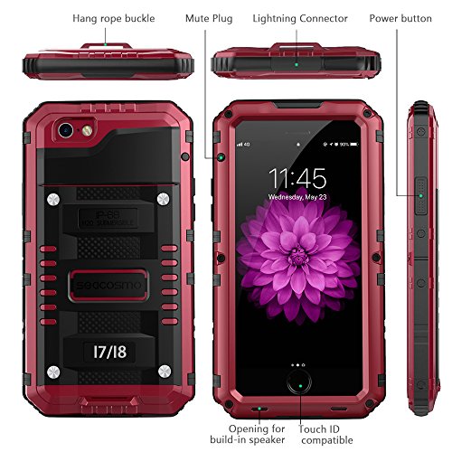 seacosmo Case for iPhone SE 2020, iPhone 7/8 Waterproof, Full Body Protective Shell with Built-in Screen Protector, Military Grade Rugged Heavy Duty Cover, Red