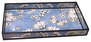 nu steel decorative glass blue printed floral tray, hand storage, towel rack, sturdy holder for disposable paper napkins-bathroom vanity countertop