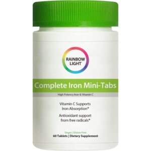 rainbow light - complete iron mini-tabs, gently encourages healthy iron levels by promoting iron absorption with ferractiv iron, vitamin c and ginger, vegan, gluten-free, non-constipating, 60 tablets