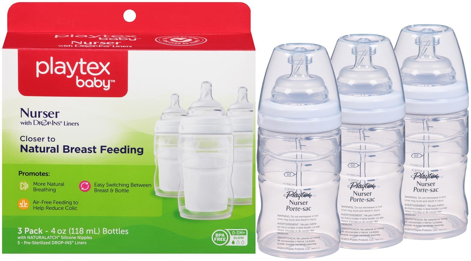 Playtex Baby Nurser Bottle with Disposable Drop-Ins Liners, for Breastfed Babies, 4 Ounce Bottles, 3 Count