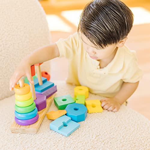 Melissa & Doug Geometric Stacker - Wooden Educational Toy - Shape Sorter And Stacking Toy, Stacking Tower Toy For Babies, Toddlers And Kids Ages 2+