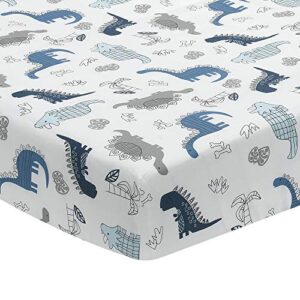 lambs & ivy baby dino 100% cotton blue/white/gray dinosaur fitted crib sheet