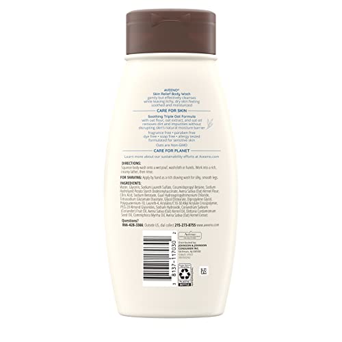 Aveeno Skin Relief Fragrance-Free Body Wash with Triple Oat Formula, Gentle Daily Cleanser for Sensitive Skin Leaves Itchy, Dry Skin Soothed & Feeling Moisturized, Sulfate-Free, 18 fl. oz