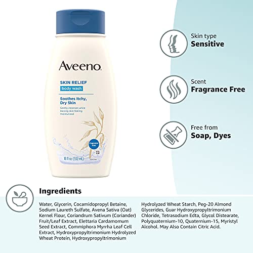 Aveeno Skin Relief Fragrance-Free Body Wash with Triple Oat Formula, Gentle Daily Cleanser for Sensitive Skin Leaves Itchy, Dry Skin Soothed & Feeling Moisturized, Sulfate-Free, 18 fl. oz