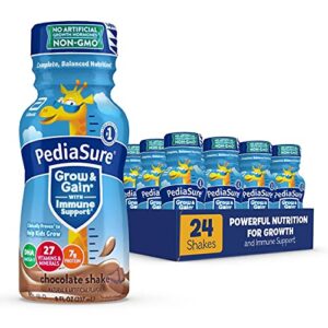 pediasure grow & gain with immune support, kids protein shake, 27 vitamins and minerals, 7g protein, helps kids catch up on growth, non-gmo, gluten-free, chocolate, 8 fl oz (pack of 24)