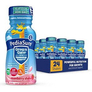 pediasure grow & gain with immune support, kids protein shake, 27 vitamins and minerals, non-gmo, gluten-free, strawberry, 8 fl oz (pack of 24)