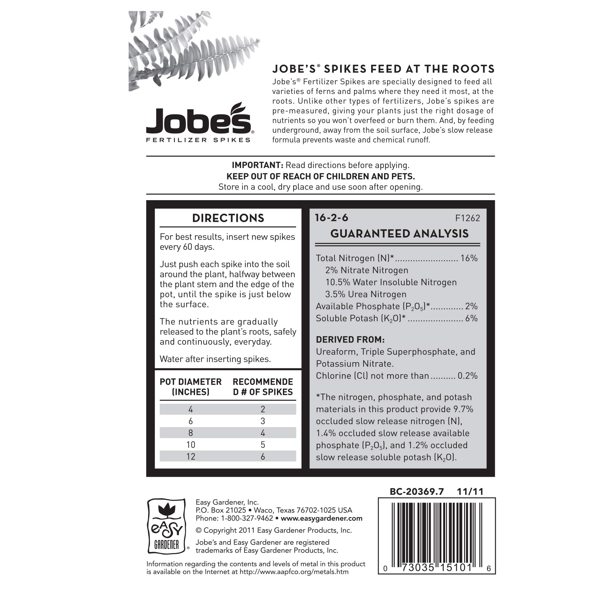 Jobe’s 05101, Fertilizer Spikes, For Fern & Palm, 30 Spikes