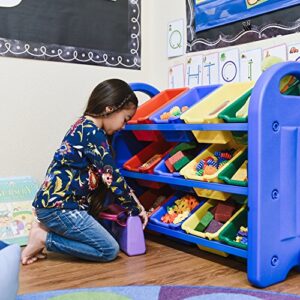 ECR4Kids 3-Tier Toy Storage Organizer with Bins, Blue with 12 Assorted-Color Bins, GREENGUARD Gold Certified Toy Organizer and Storage for Kids’ Toys, Kids’ Toy Storage (ELR-0216)