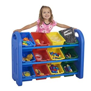 ECR4Kids 3-Tier Toy Storage Organizer with Bins, Blue with 12 Assorted-Color Bins, GREENGUARD Gold Certified Toy Organizer and Storage for Kids’ Toys, Kids’ Toy Storage (ELR-0216)