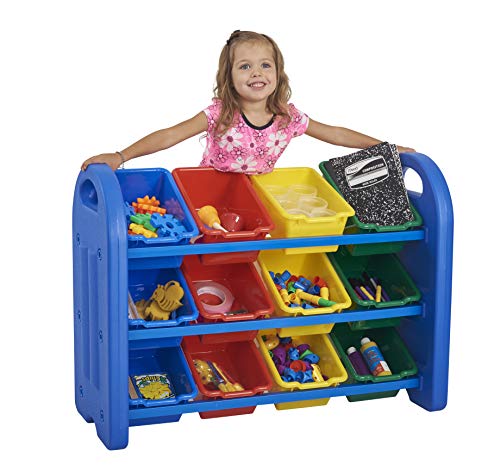 ECR4Kids 3-Tier Toy Storage Organizer with Bins, Blue with 12 Assorted-Color Bins, GREENGUARD Gold Certified Toy Organizer and Storage for Kids’ Toys, Kids’ Toy Storage (ELR-0216)