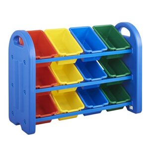 ECR4Kids 3-Tier Toy Storage Organizer with Bins, Blue with 12 Assorted-Color Bins, GREENGUARD Gold Certified Toy Organizer and Storage for Kids’ Toys, Kids’ Toy Storage (ELR-0216)