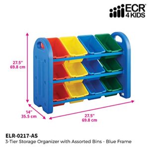 ECR4Kids 3-Tier Toy Storage Organizer with Bins, Blue with 12 Assorted-Color Bins, GREENGUARD Gold Certified Toy Organizer and Storage for Kids’ Toys, Kids’ Toy Storage (ELR-0216)