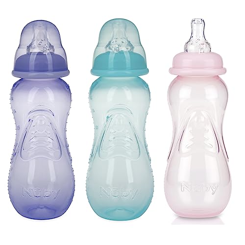 Nuby Non-Drip Standard Neck Bottles, 10 Ounce, Colors May Vary, 3 Count (Pack of 1)