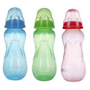 Nuby Non-Drip Standard Neck Bottles, 10 Ounce, Colors May Vary, 3 Count (Pack of 1)