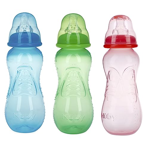 Nuby Non-Drip Standard Neck Bottles, 10 Ounce, Colors May Vary, 3 Count (Pack of 1)