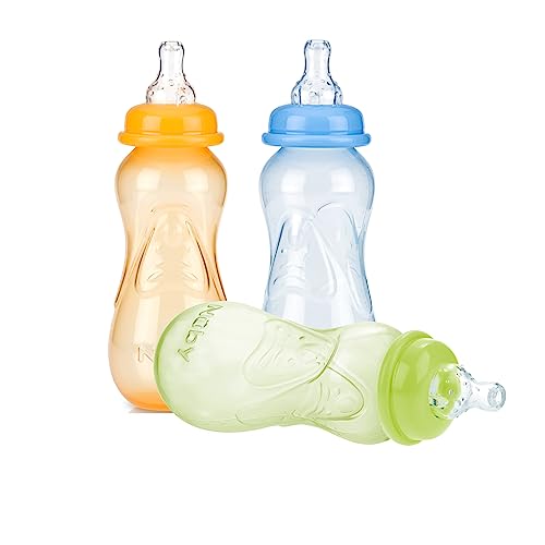 Nuby Non-Drip Standard Neck Bottles, 10 Ounce, Colors May Vary, 3 Count (Pack of 1)