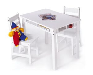 lipper international child's rectangular table with shelves and 2 chairs, white