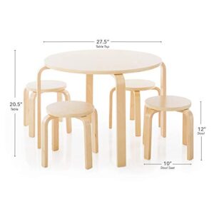 Guidecraft Nordic Table and Chairs Set for Kids: Natural - 4 Stacking Bentwood Stools with Curved Wood Activity Table - Children's Modern Kitchen, Playroom and Classroom Furniture