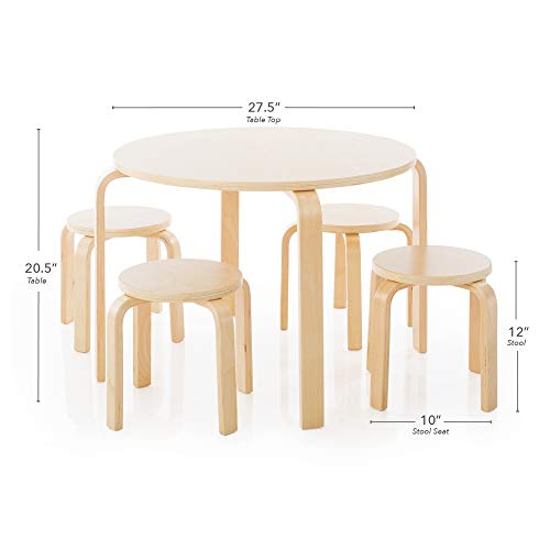 Guidecraft Nordic Table and Chairs Set for Kids: Natural - 4 Stacking Bentwood Stools with Curved Wood Activity Table - Children's Modern Kitchen, Playroom and Classroom Furniture