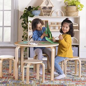 guidecraft nordic table and chairs set for kids: natural - 4 stacking bentwood stools with curved wood activity table - children's modern kitchen, playroom and classroom furniture